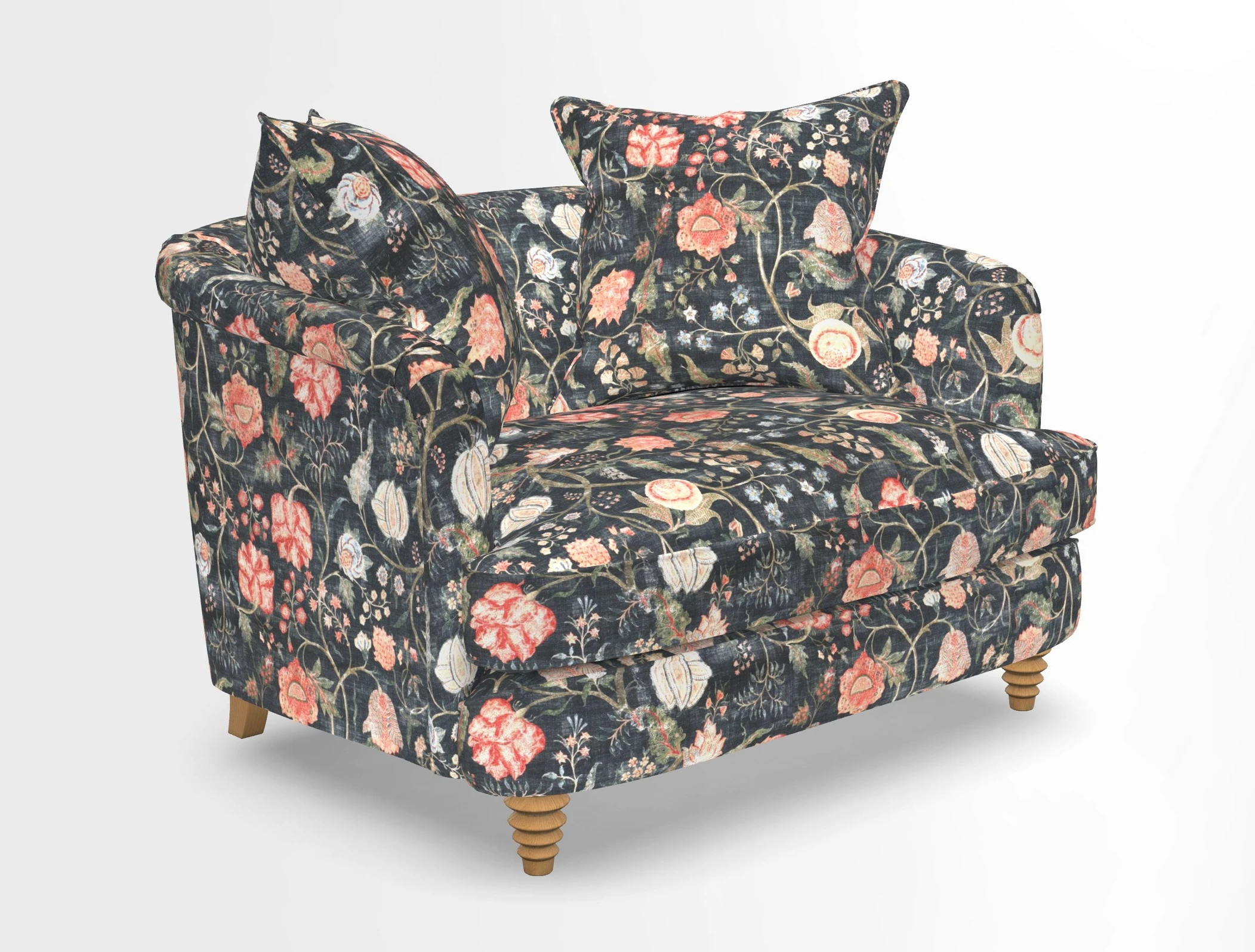 Helmsley Snuggler in V&A Threads of India Opulent Velvets Forest Creatures Hunter piping in Swiss Velvet Olive and scatter in Stockport Stripe Flame
