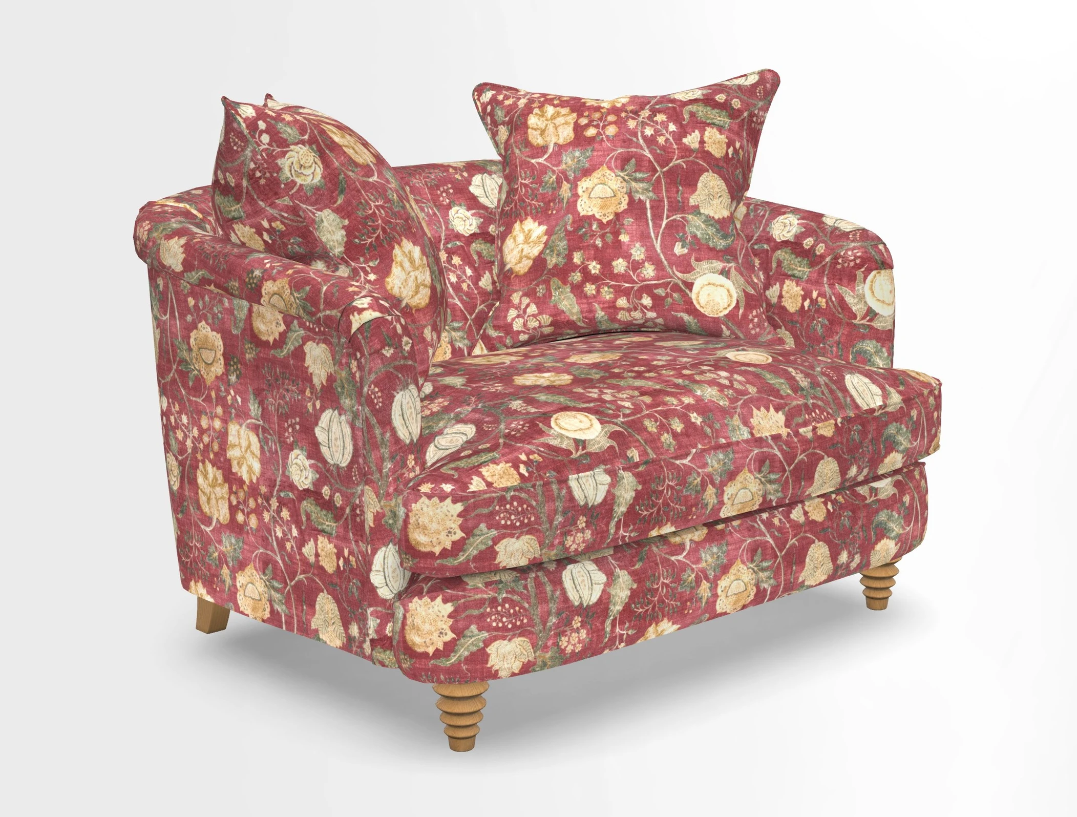 Helmsley Snuggler in V&A Threads of India Opulent Velvets Forest Creatures Hunter piping in Swiss Velvet Olive and scatter in Stockport Stripe Flame