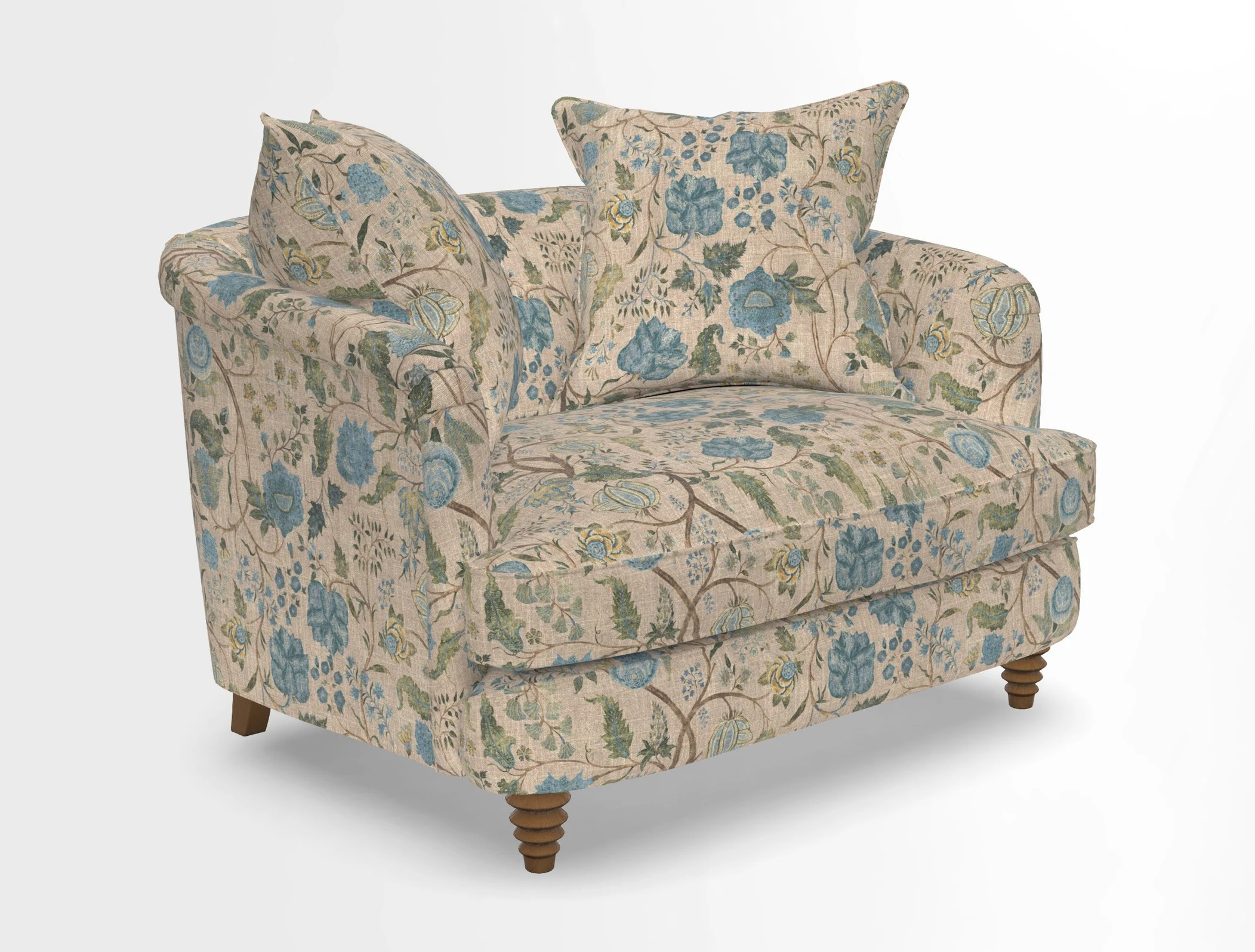 Helmsley Snuggler in V&A Threads of India Opulent Velvets Forest Creatures Hunter piping in Swiss Velvet Olive and scatter in Stockport Stripe Flame