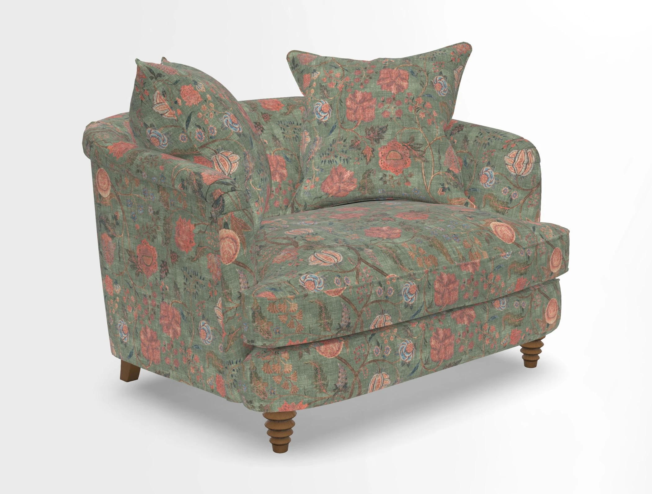 Helmsley Snuggler in V&A Threads of India Opulent Velvets Forest Creatures Hunter piping in Swiss Velvet Olive and scatter in Stockport Stripe Flame