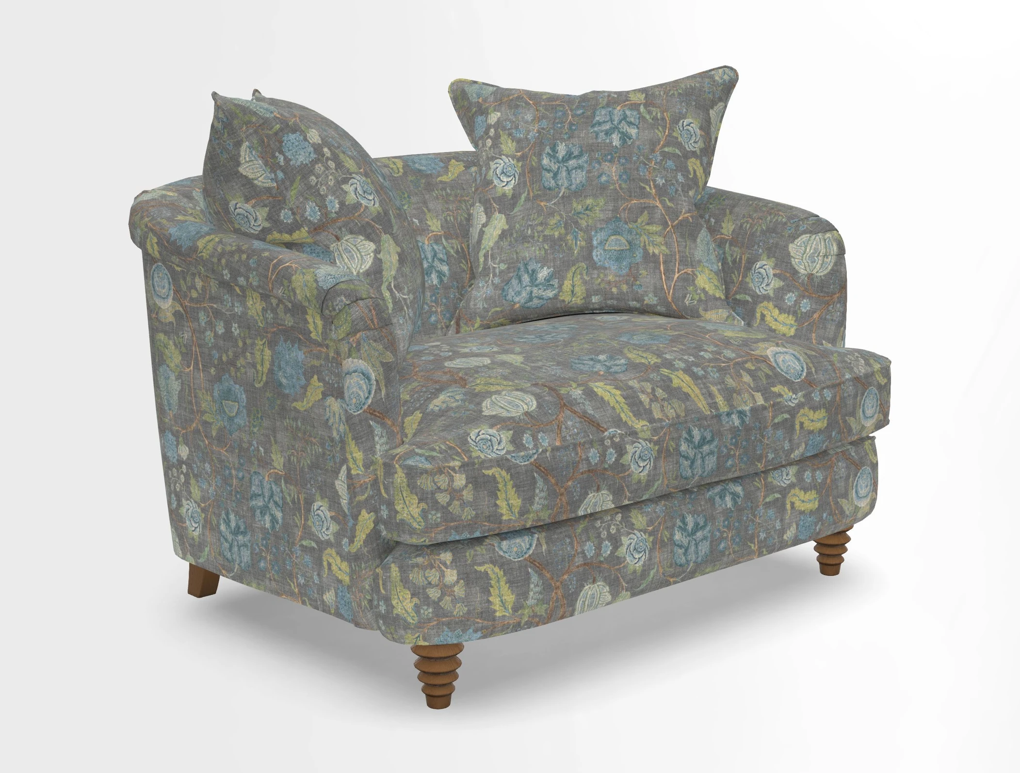 Helmsley Snuggler in V&A Threads of India Opulent Velvets Forest Creatures Hunter piping in Swiss Velvet Olive and scatter in Stockport Stripe Flame