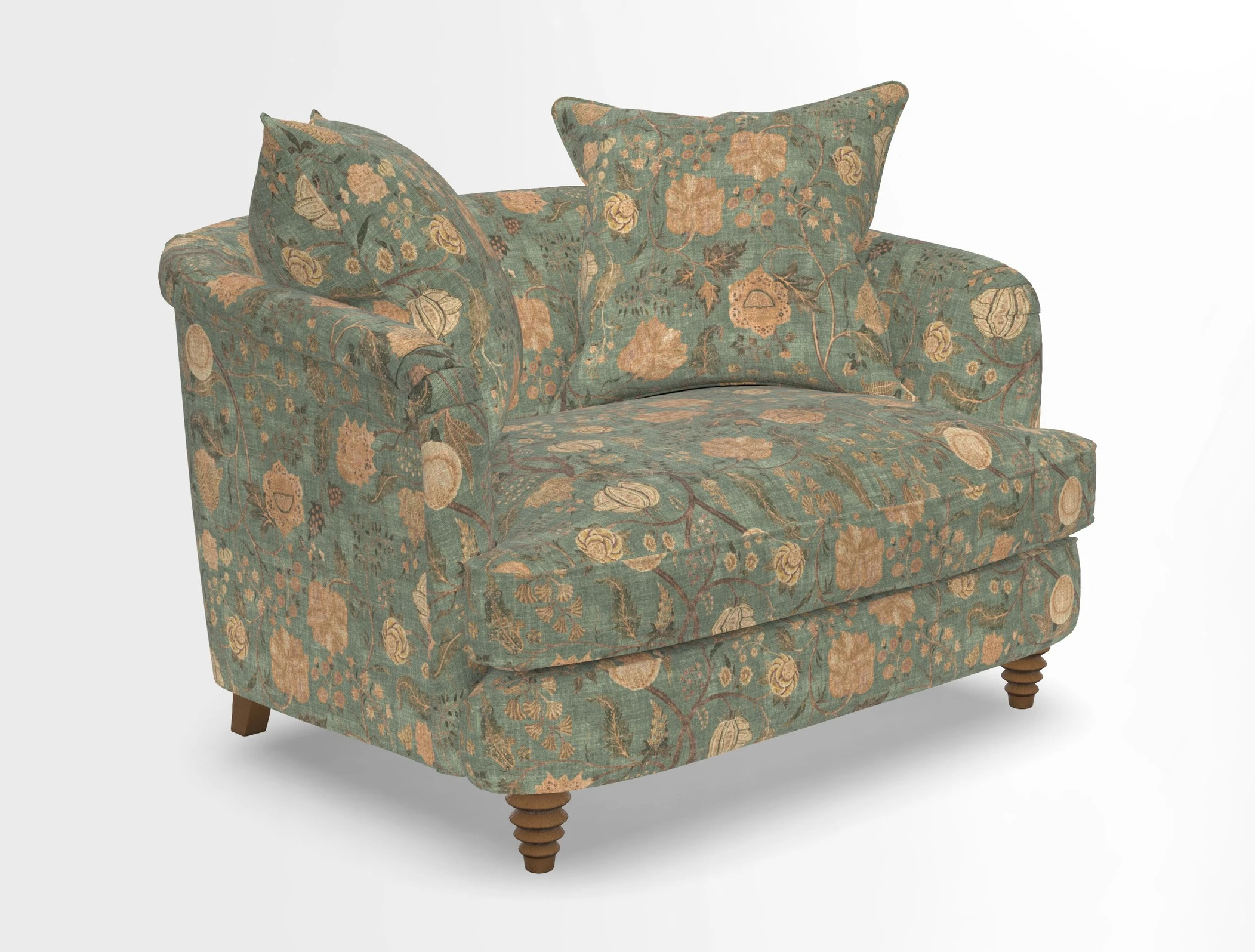 Helmsley Snuggler in V&A Threads of India Opulent Velvets Forest Creatures Hunter piping in Swiss Velvet Olive and scatter in Stockport Stripe Flame