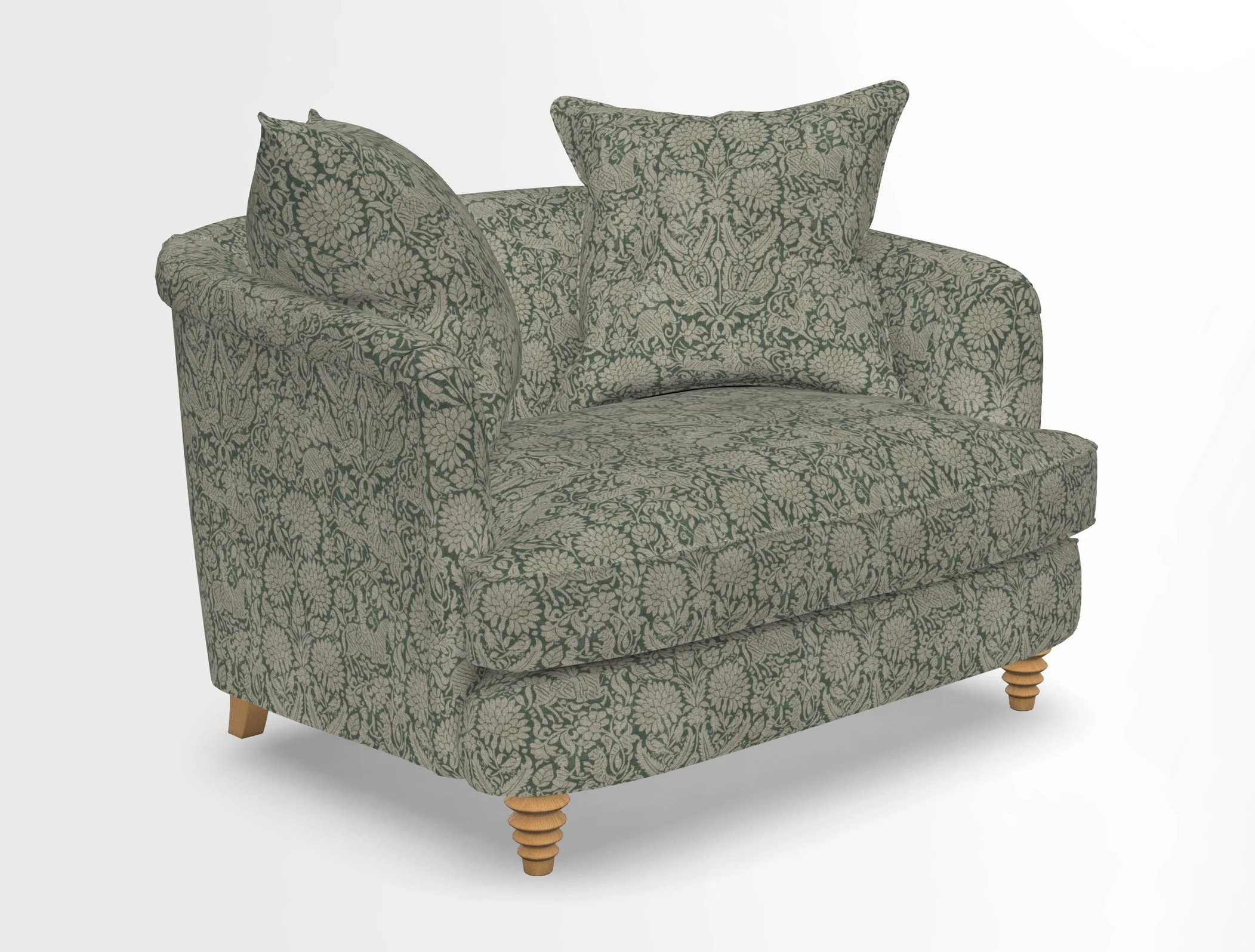 Helmsley Snuggler in V&A Threads of India Opulent Velvets Forest Creatures Hunter piping in Swiss Velvet Olive and scatter in Stockport Stripe Flame