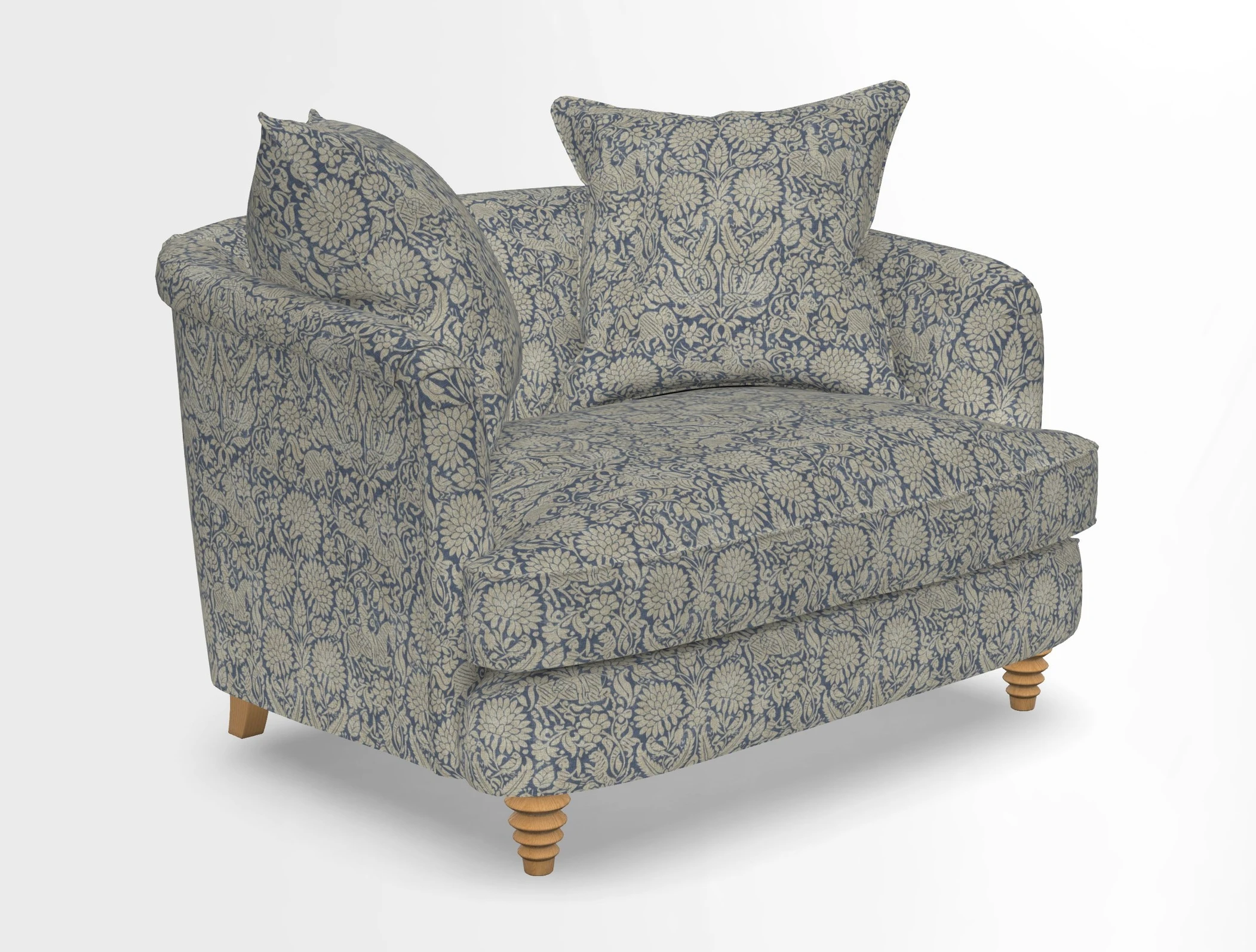 Helmsley Snuggler in V&A Threads of India Opulent Velvets Forest Creatures Hunter piping in Swiss Velvet Olive and scatter in Stockport Stripe Flame