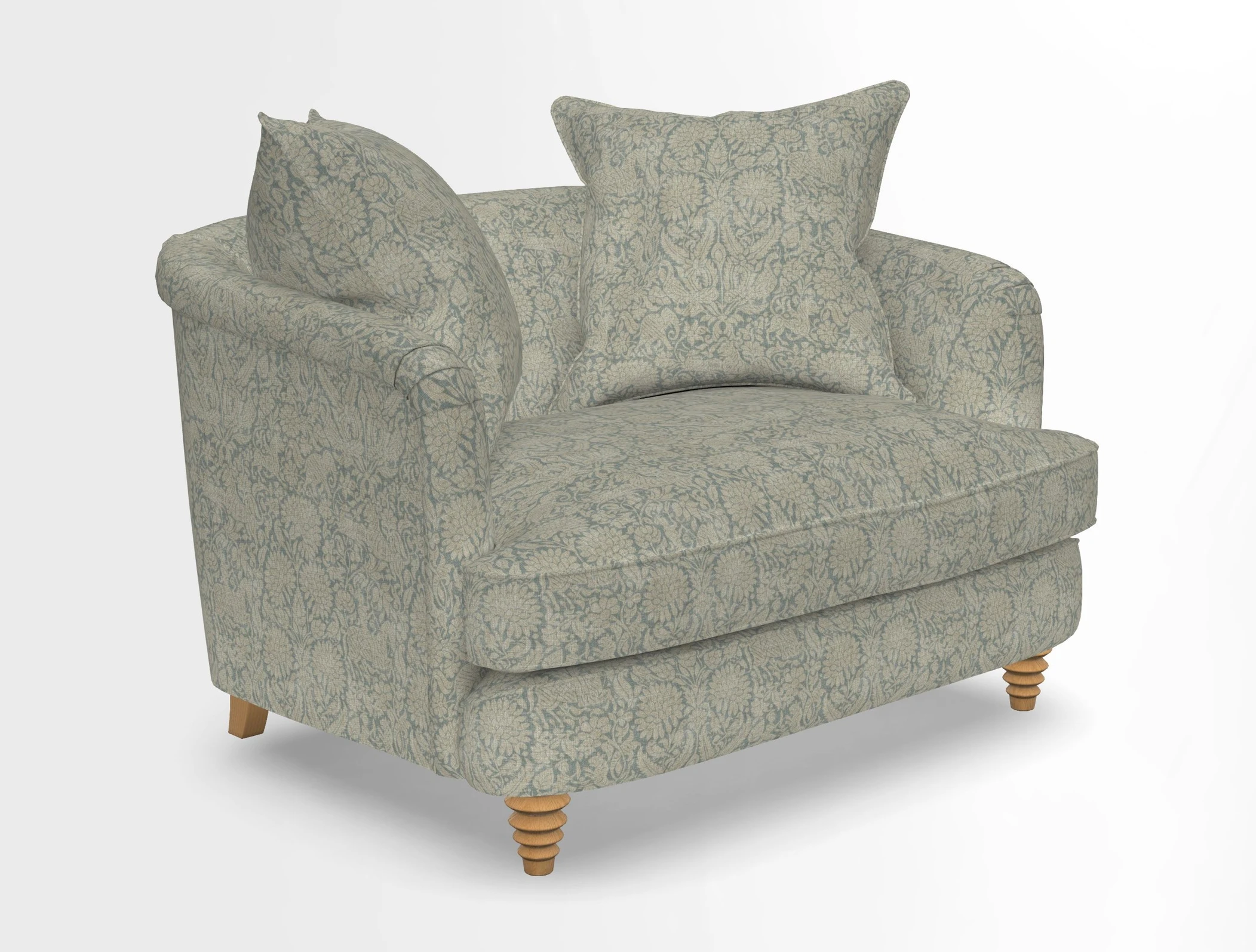 Helmsley Snuggler in V&A Threads of India Opulent Velvets Forest Creatures Hunter piping in Swiss Velvet Olive and scatter in Stockport Stripe Flame