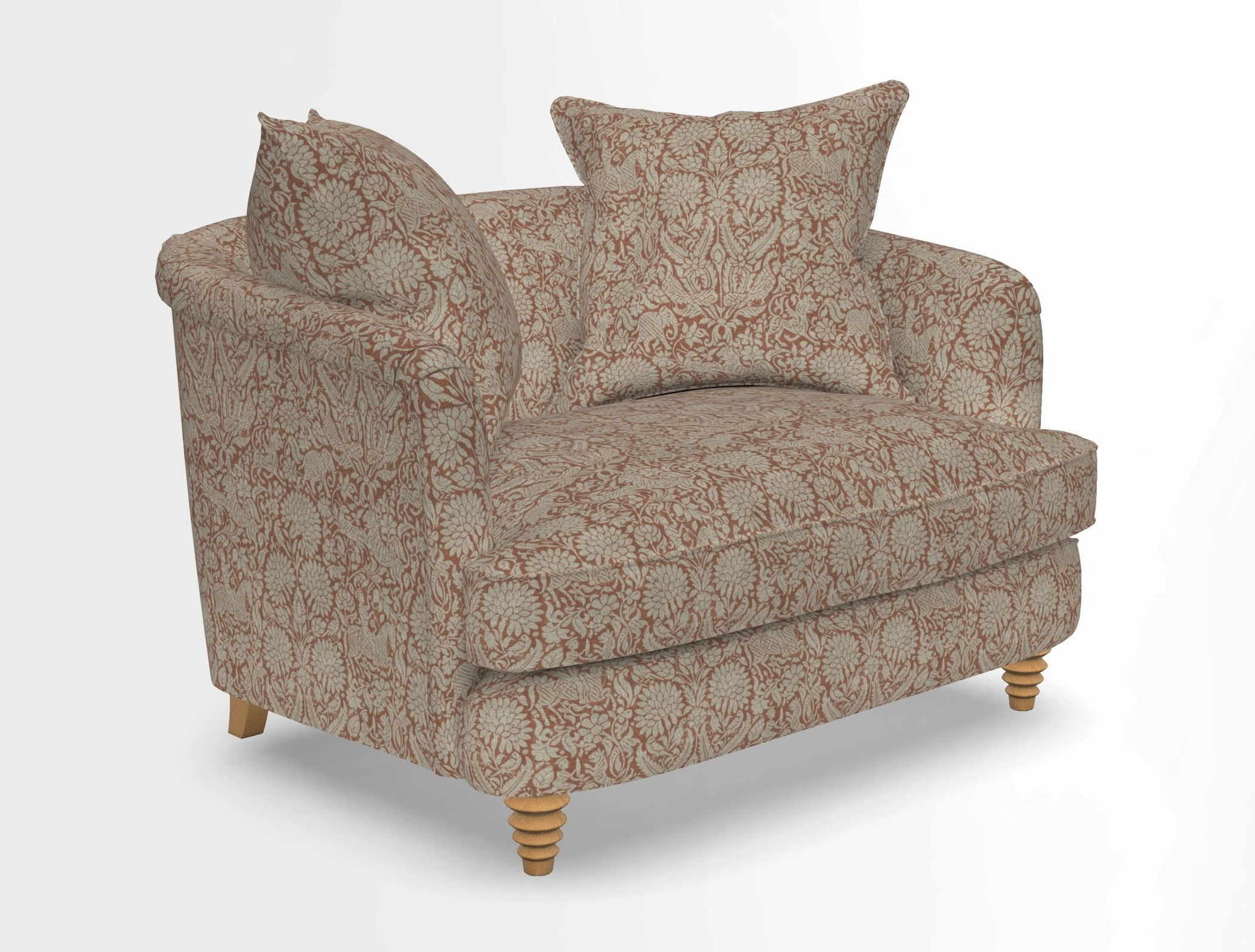 Helmsley Snuggler in V&A Threads of India Opulent Velvets Forest Creatures Hunter piping in Swiss Velvet Olive and scatter in Stockport Stripe Flame