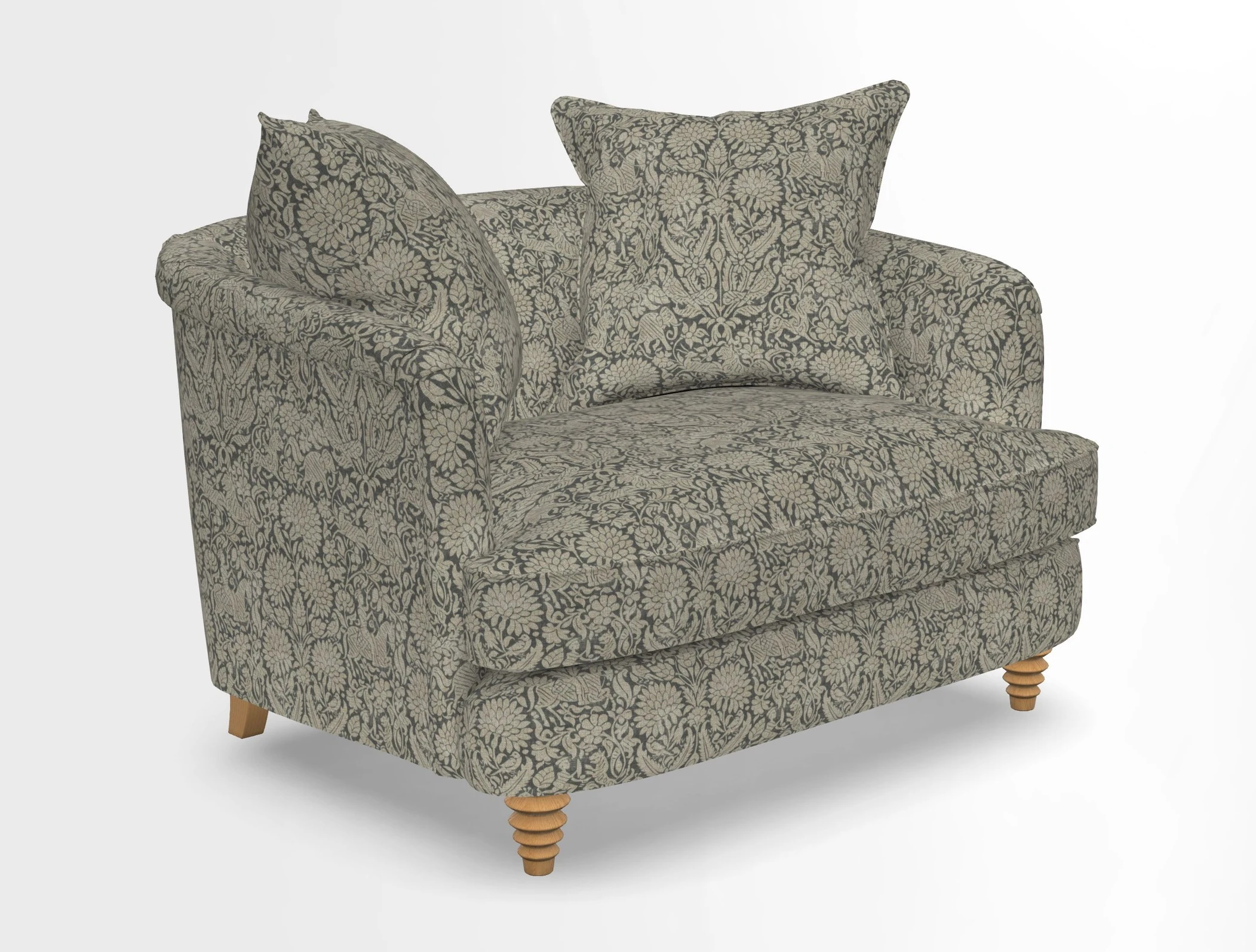 Helmsley Snuggler in V&A Threads of India Opulent Velvets Forest Creatures Hunter piping in Swiss Velvet Olive and scatter in Stockport Stripe Flame