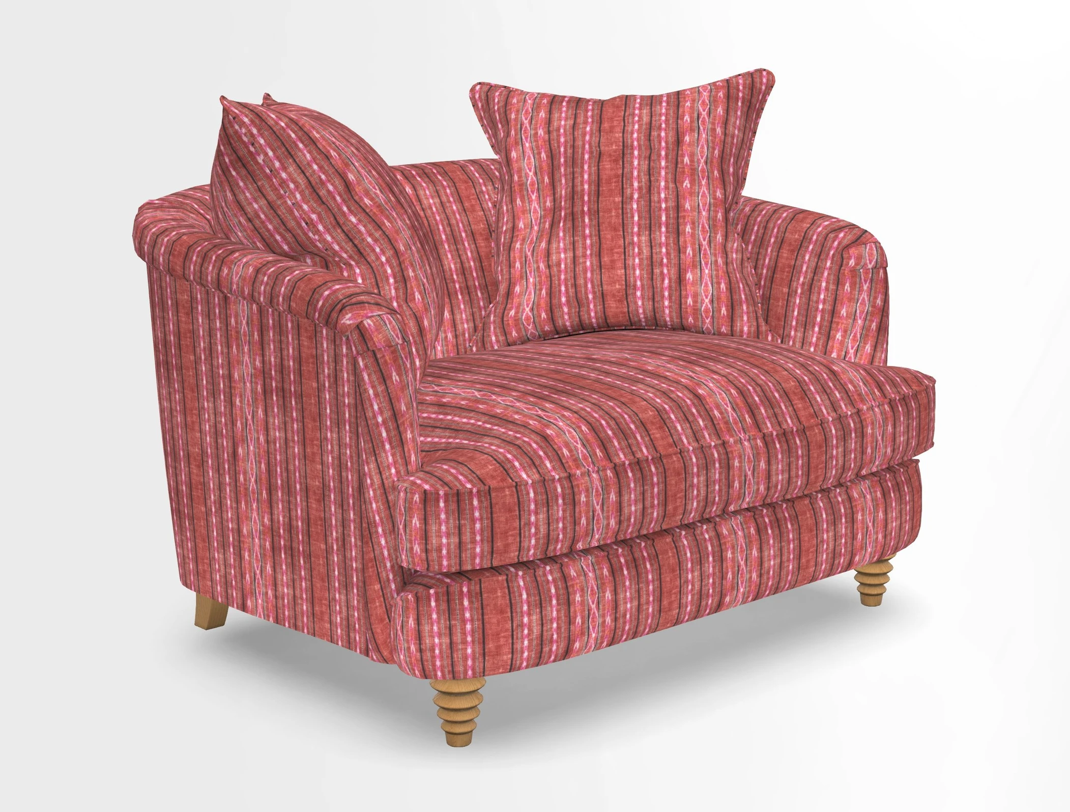 Helmsley Snuggler in V&A Threads of India Opulent Velvets Forest Creatures Hunter piping in Swiss Velvet Olive and scatter in Stockport Stripe Flame
