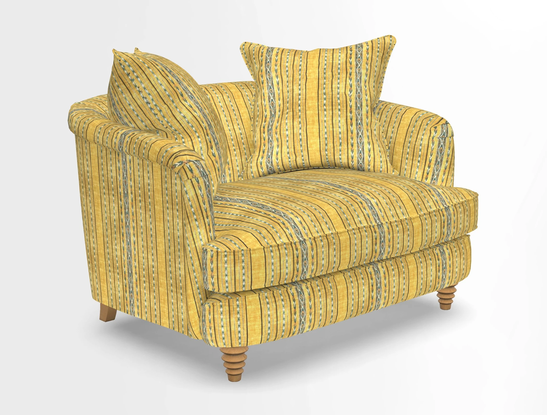 Helmsley Snuggler in V&A Threads of India Opulent Velvets Forest Creatures Hunter piping in Swiss Velvet Olive and scatter in Stockport Stripe Flame