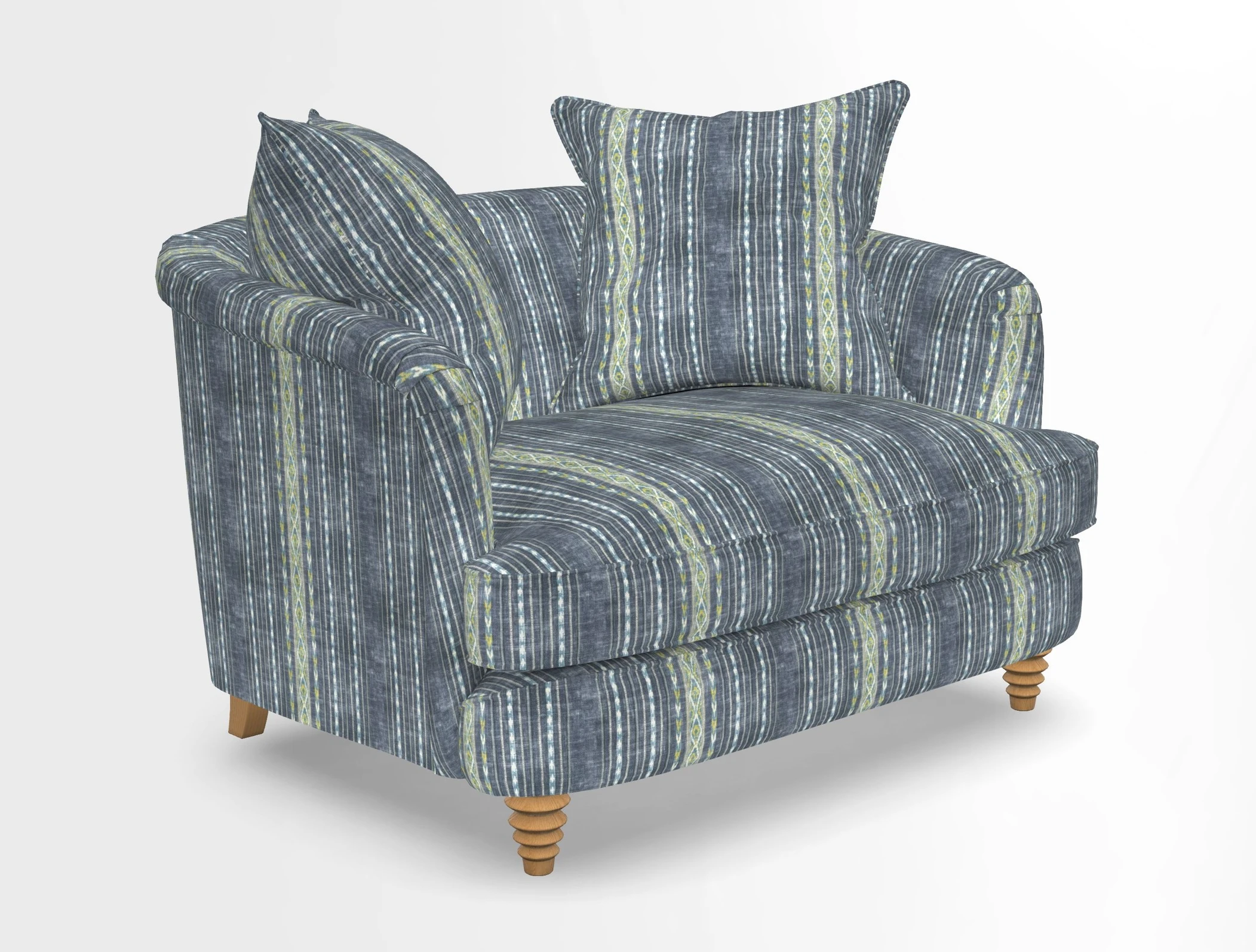 Helmsley Snuggler in V&A Threads of India Opulent Velvets Forest Creatures Hunter piping in Swiss Velvet Olive and scatter in Stockport Stripe Flame