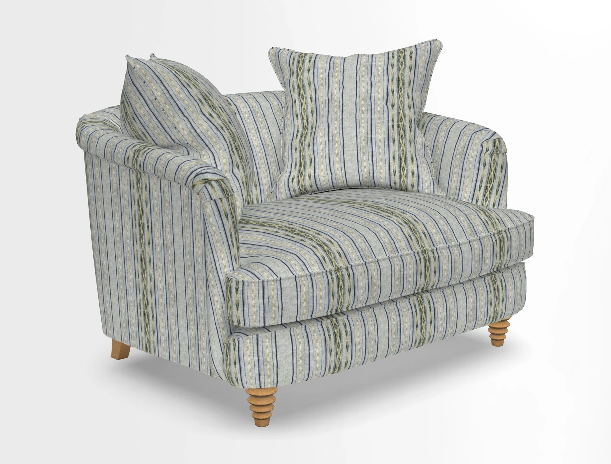 Helmsley Snuggler in V&A Threads of India Opulent Velvets Forest Creatures Hunter piping in Swiss Velvet Olive and scatter in Stockport Stripe Flame