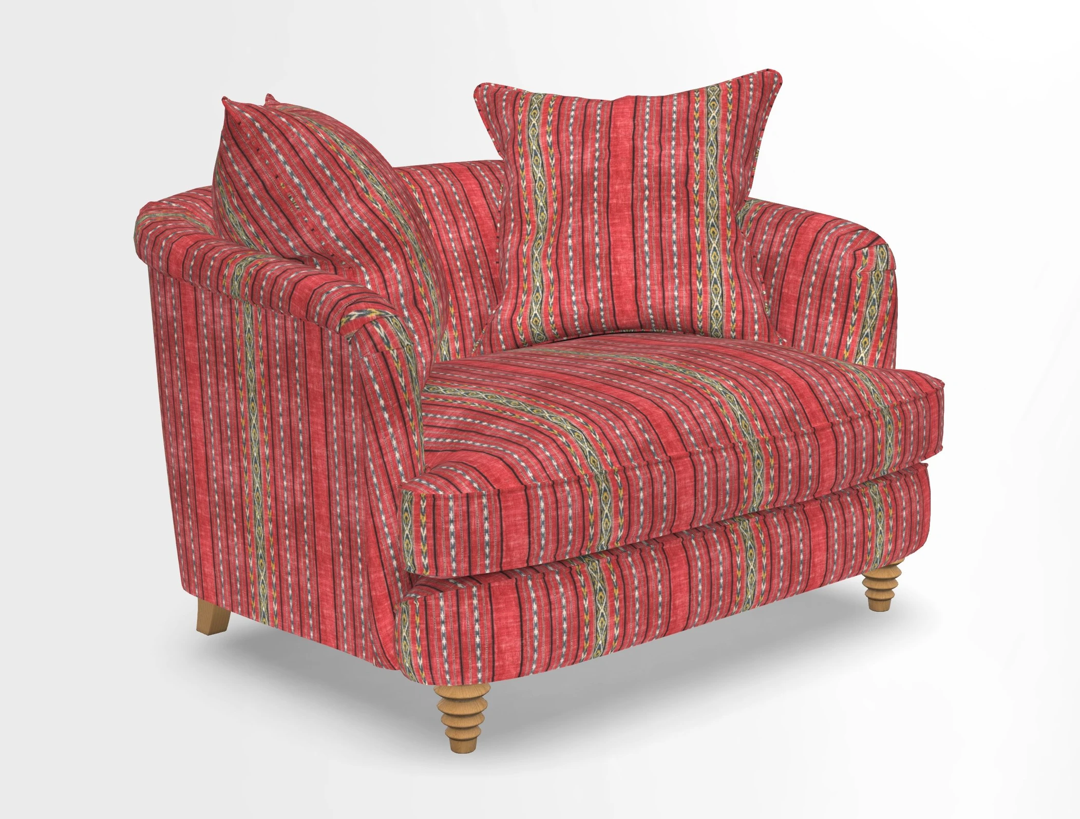 Helmsley Snuggler in V&A Threads of India Opulent Velvets Forest Creatures Hunter piping in Swiss Velvet Olive and scatter in Stockport Stripe Flame