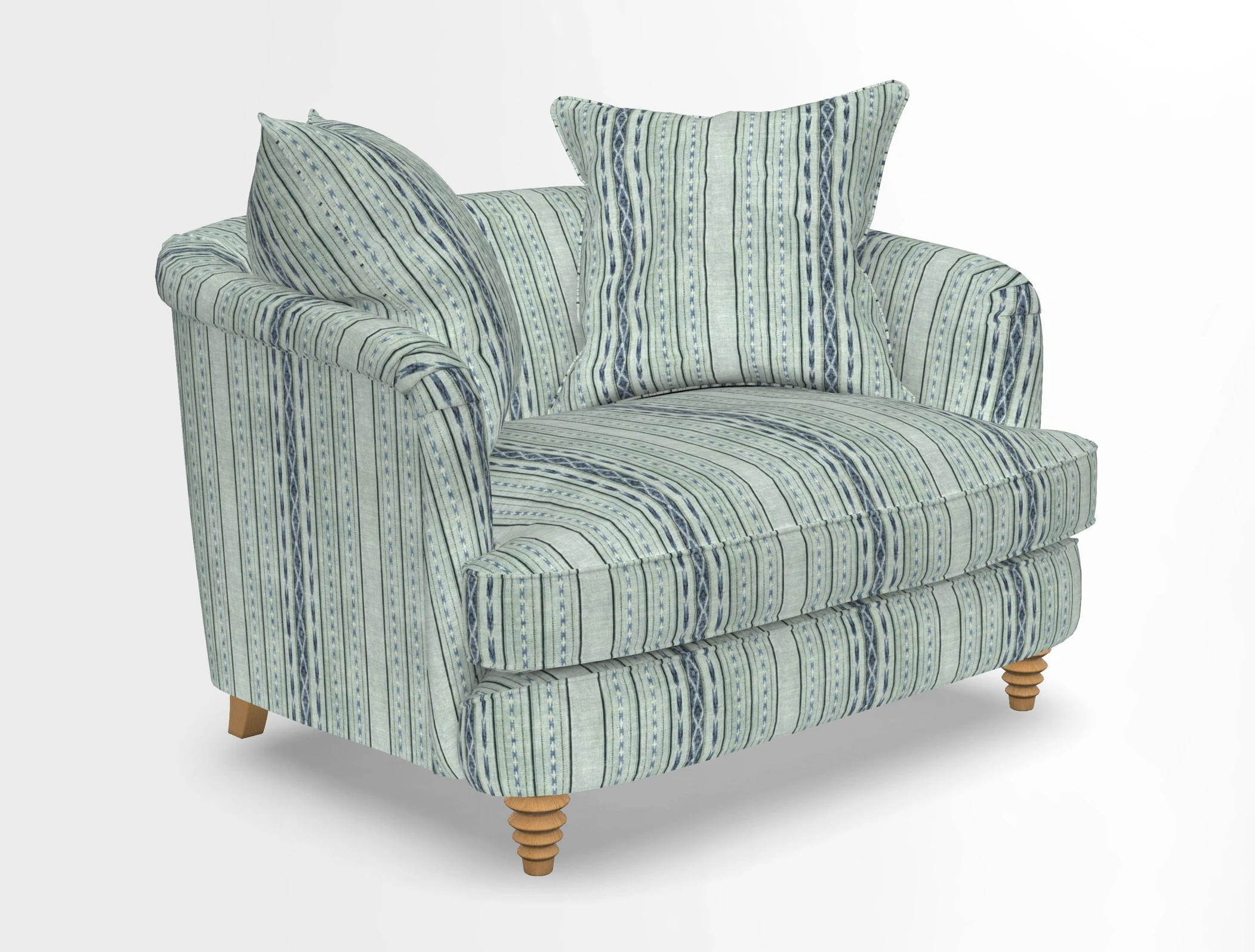Helmsley Snuggler in V&A Threads of India Opulent Velvets Forest Creatures Hunter piping in Swiss Velvet Olive and scatter in Stockport Stripe Flame