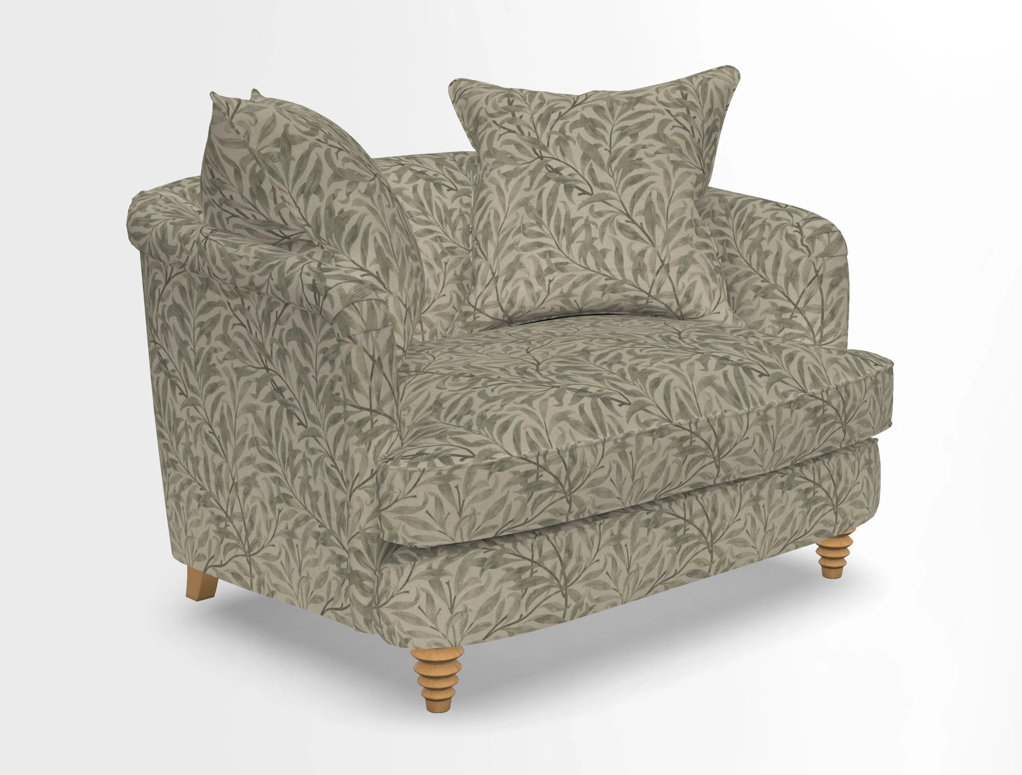Helmsley Snuggler in V&A Threads of India Opulent Velvets Forest Creatures Hunter piping in Swiss Velvet Olive and scatter in Stockport Stripe Flame