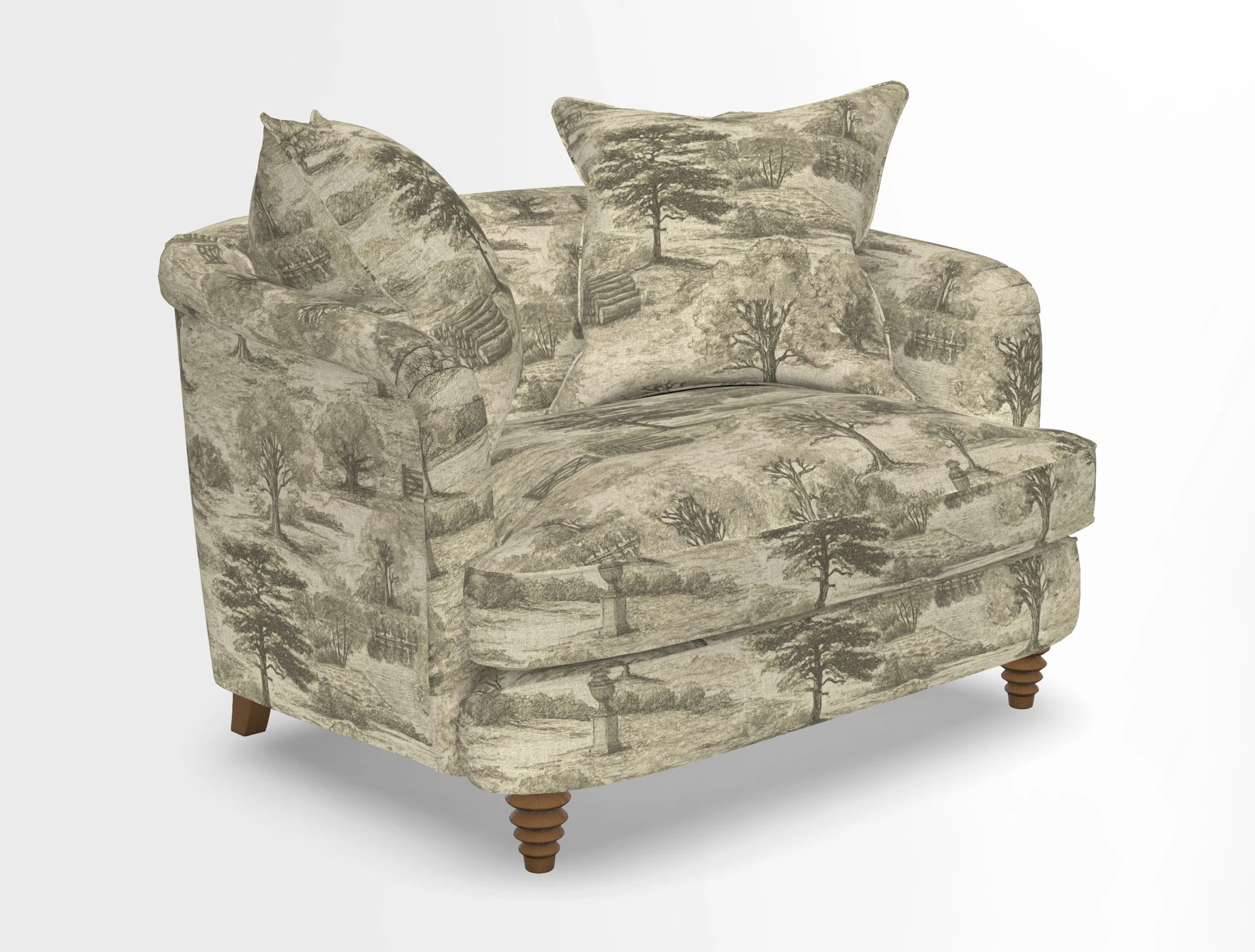 Helmsley Snuggler in V&A Threads of India Opulent Velvets Forest Creatures Hunter piping in Swiss Velvet Olive and scatter in Stockport Stripe Flame