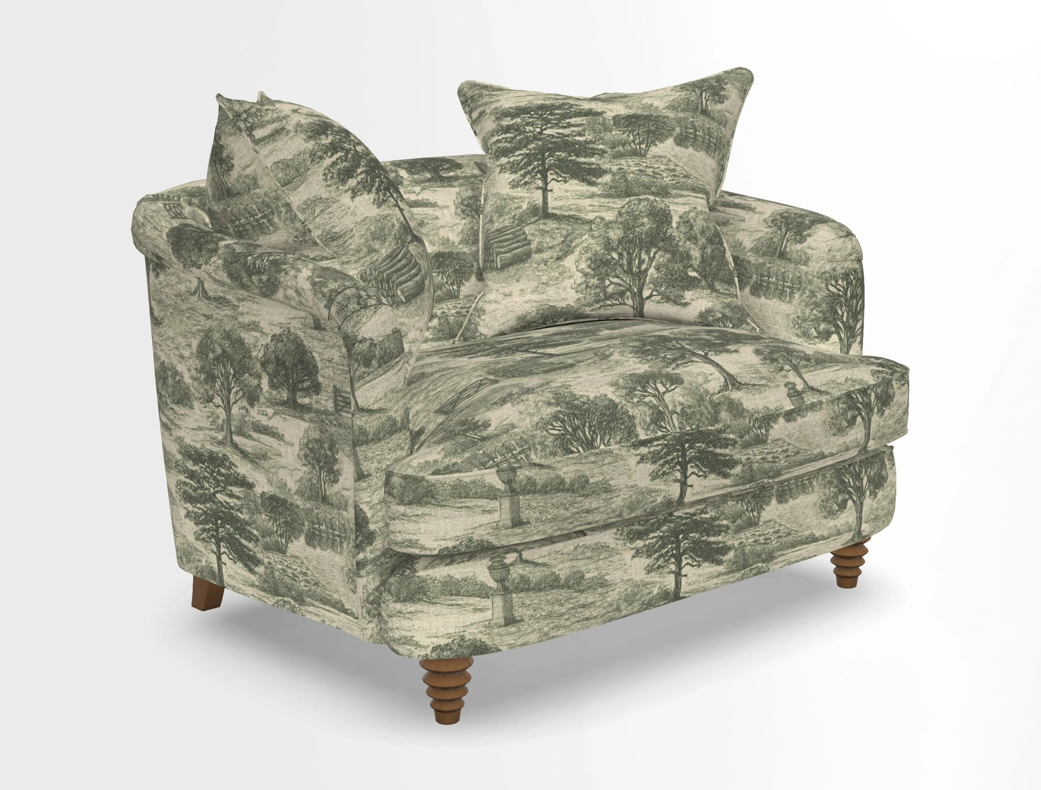 Helmsley Snuggler in V&A Threads of India Opulent Velvets Forest Creatures Hunter piping in Swiss Velvet Olive and scatter in Stockport Stripe Flame