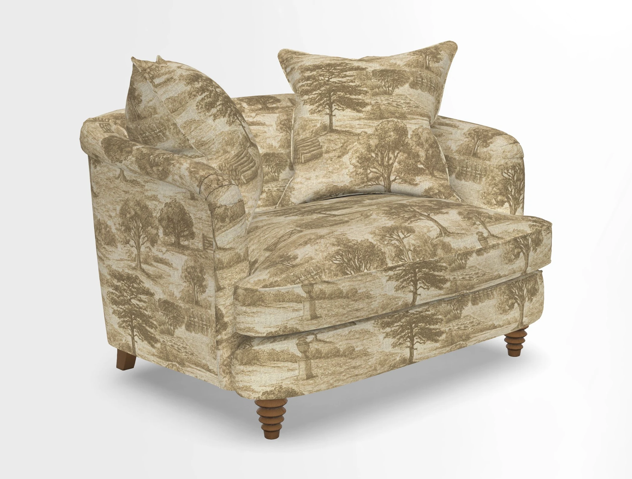 Helmsley Snuggler in V&A Threads of India Opulent Velvets Forest Creatures Hunter piping in Swiss Velvet Olive and scatter in Stockport Stripe Flame
