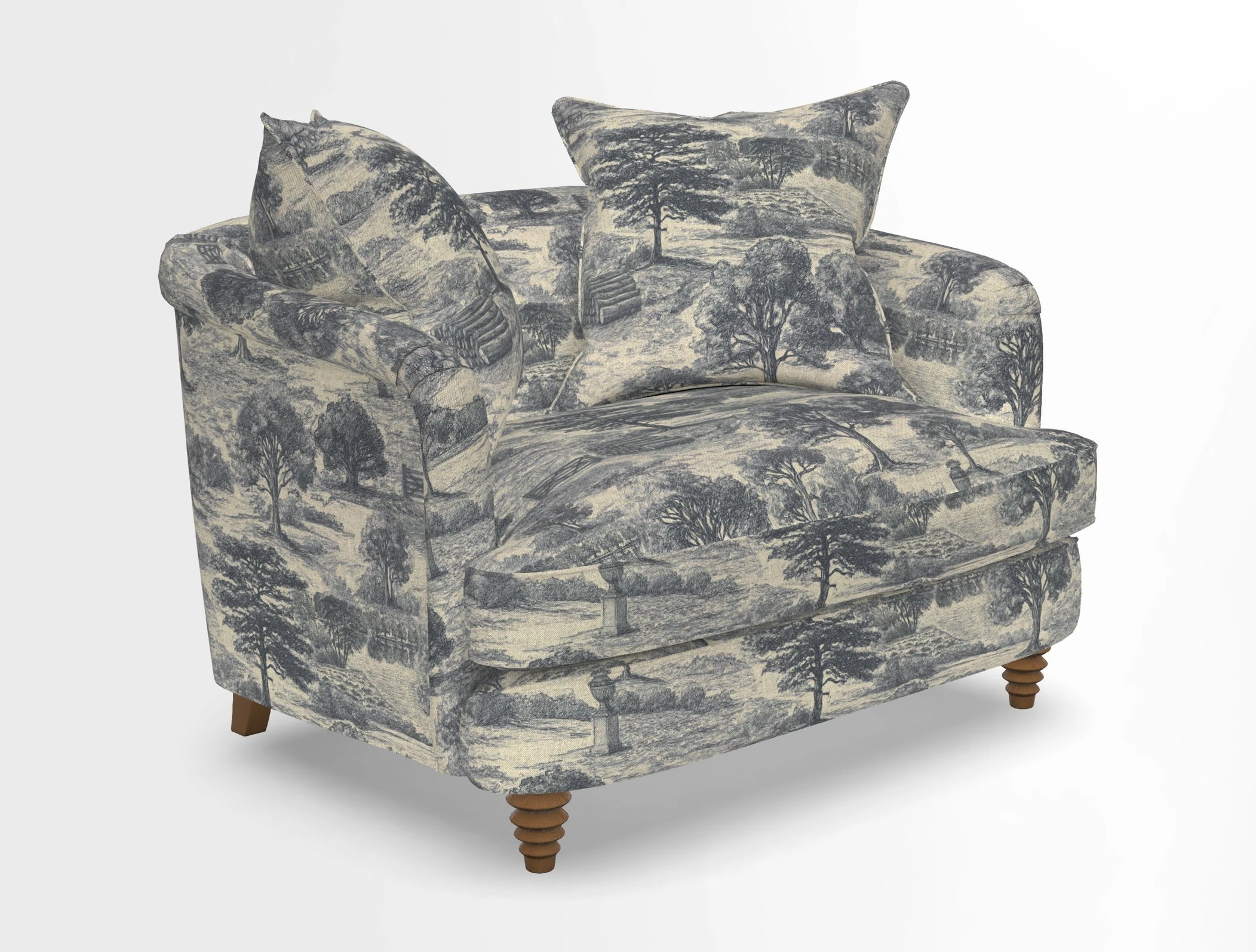 Helmsley Snuggler in V&A Threads of India Opulent Velvets Forest Creatures Hunter piping in Swiss Velvet Olive and scatter in Stockport Stripe Flame