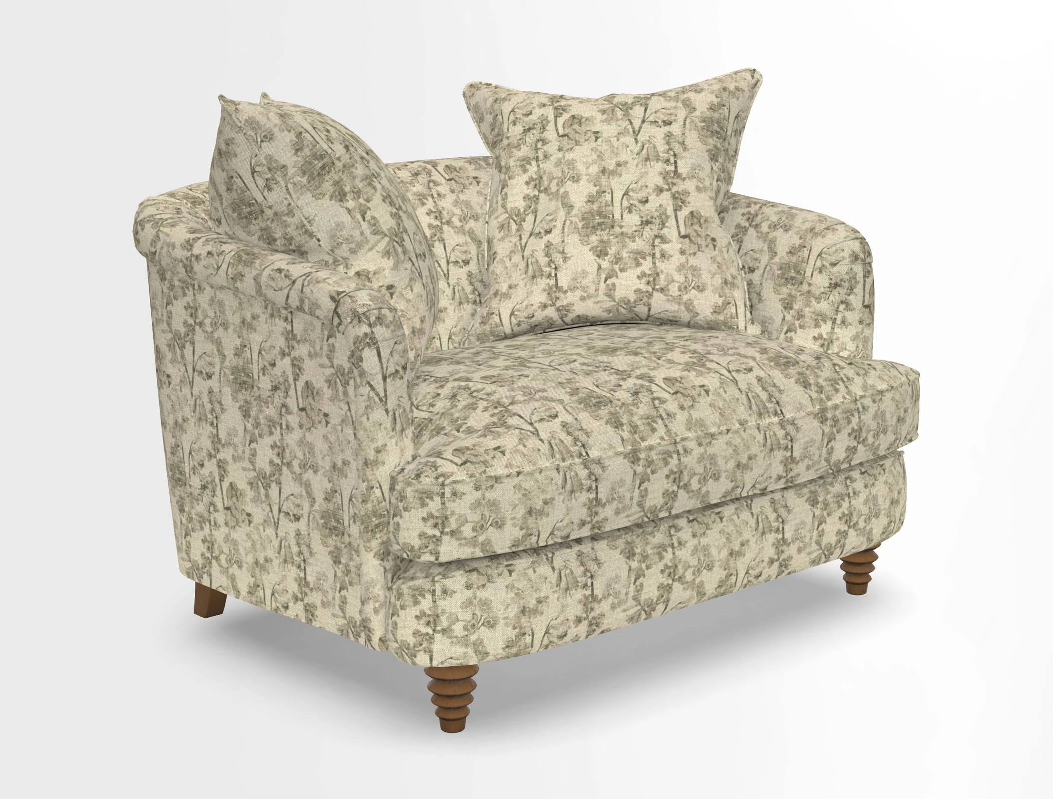 Helmsley Snuggler in V&A Threads of India Opulent Velvets Forest Creatures Hunter piping in Swiss Velvet Olive and scatter in Stockport Stripe Flame