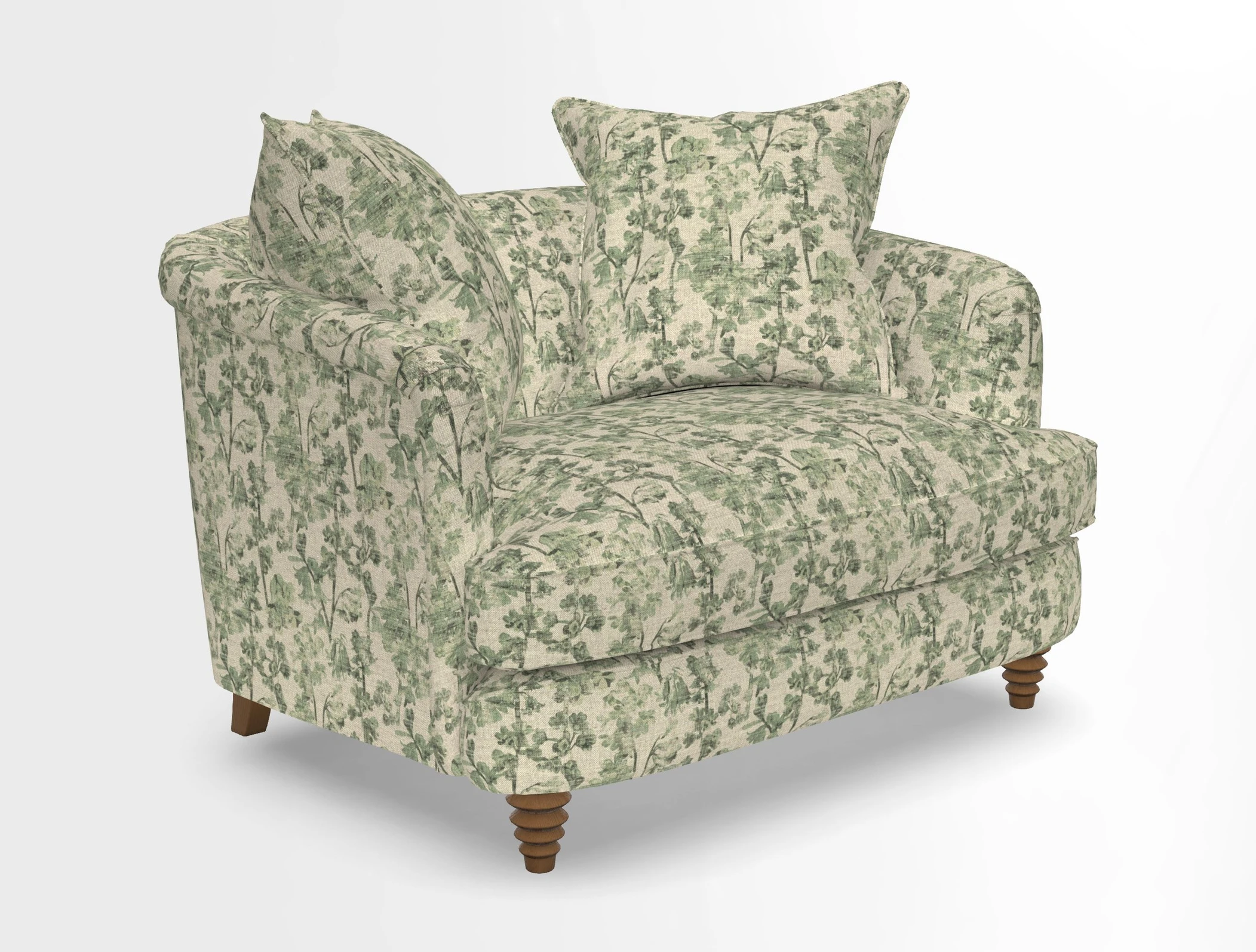 Helmsley Snuggler in V&A Threads of India Opulent Velvets Forest Creatures Hunter piping in Swiss Velvet Olive and scatter in Stockport Stripe Flame