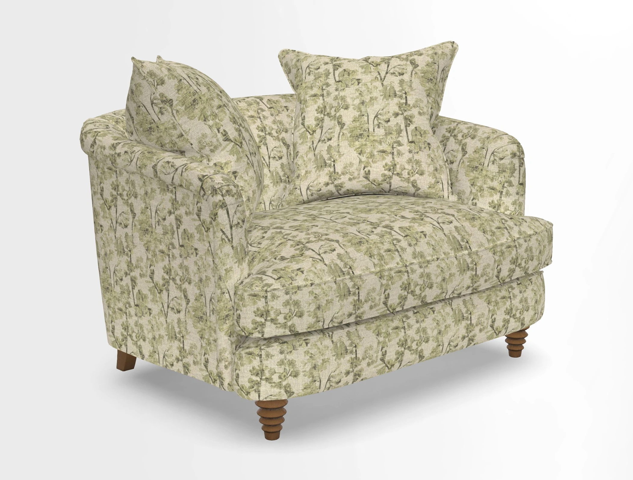 Helmsley Snuggler in V&A Threads of India Opulent Velvets Forest Creatures Hunter piping in Swiss Velvet Olive and scatter in Stockport Stripe Flame