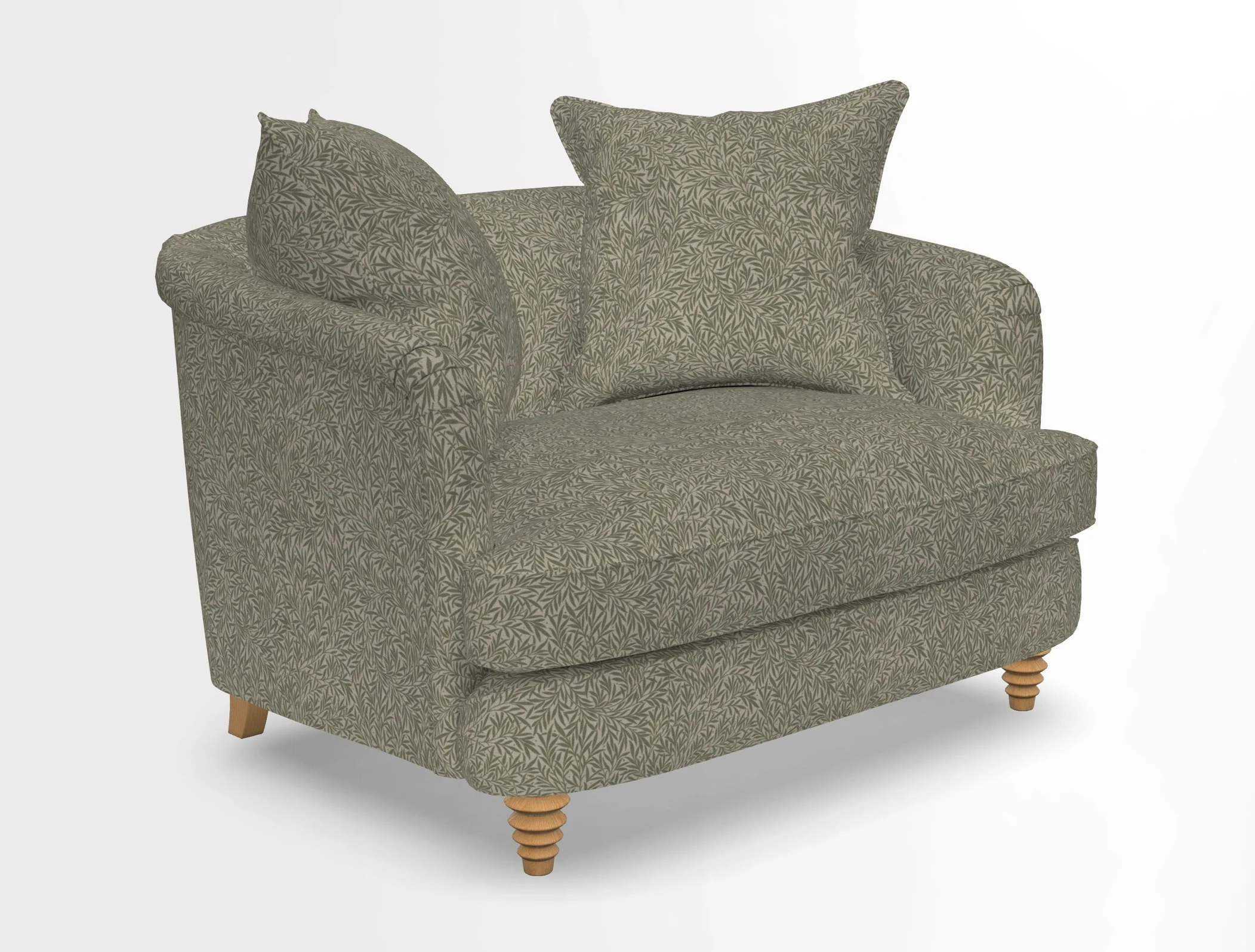 Helmsley Snuggler in V&A Threads of India Opulent Velvets Forest Creatures Hunter piping in Swiss Velvet Olive and scatter in Stockport Stripe Flame