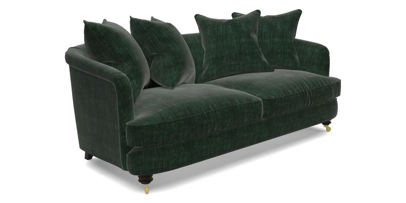 Helmsley 3 Seater Sofa in Mohair Velvet Fir Green with Seat and Back Cushions in RHS Collection Trailing Vine Olive and Small Trailing Ivy Olive