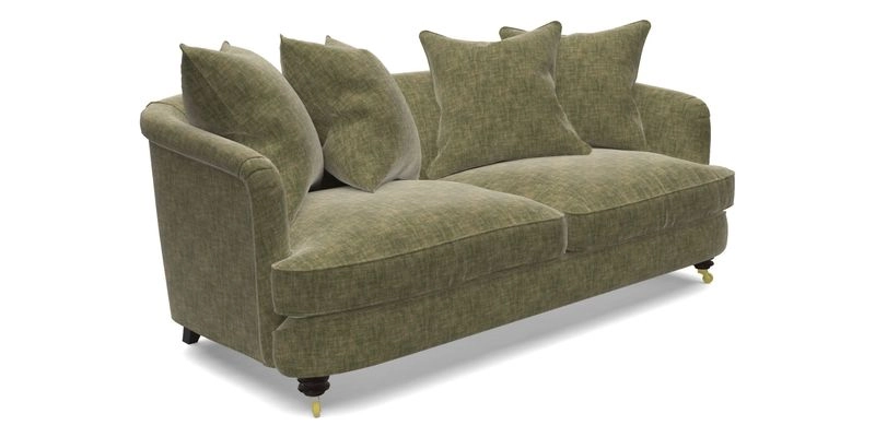 Helmsley 3 Seater Sofa in Mohair Velvet Fir Green with Seat and Back Cushions in RHS Collection Trailing Vine Olive and Small Trailing Ivy Olive