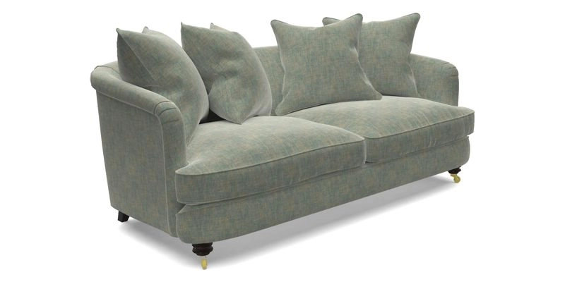 Helmsley 3 Seater Sofa in Mohair Velvet Fir Green with Seat and Back Cushions in RHS Collection Trailing Vine Olive and Small Trailing Ivy Olive