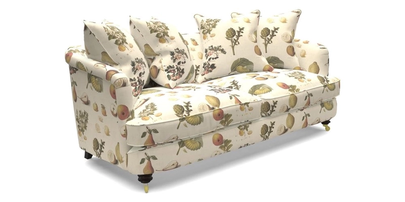 Helmsley 3 Seater Sofa in Mohair Velvet Fir Green with Seat and Back Cushions in RHS Collection Trailing Vine Olive and Small Trailing Ivy Olive