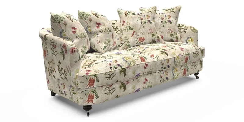 Helmsley 3 Seater Sofa in Mohair Velvet Fir Green with Seat and Back Cushions in RHS Collection Trailing Vine Olive and Small Trailing Ivy Olive