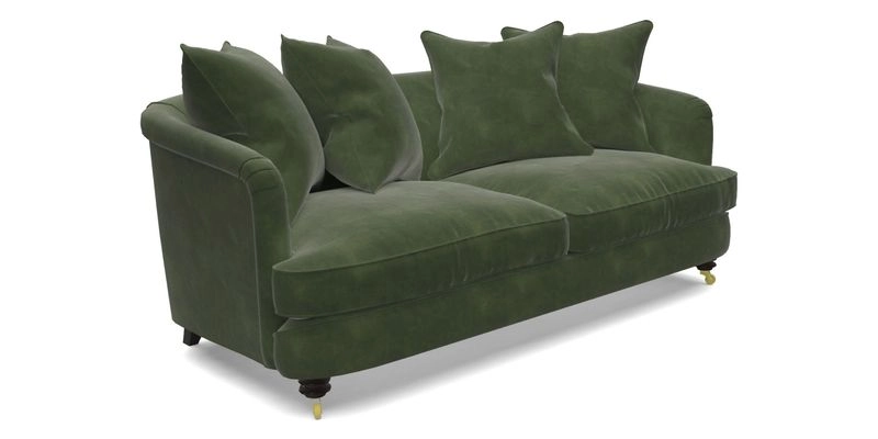 Helmsley 3 Seater Sofa in Mohair Velvet Fir Green with Seat and Back Cushions in RHS Collection Trailing Vine Olive and Small Trailing Ivy Olive