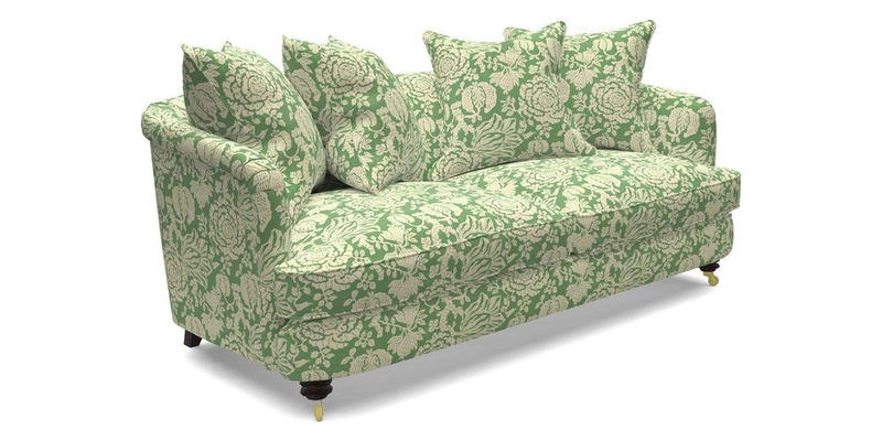 Helmsley 3 Seater Sofa in Mohair Velvet Fir Green with Seat and Back Cushions in RHS Collection Trailing Vine Olive and Small Trailing Ivy Olive