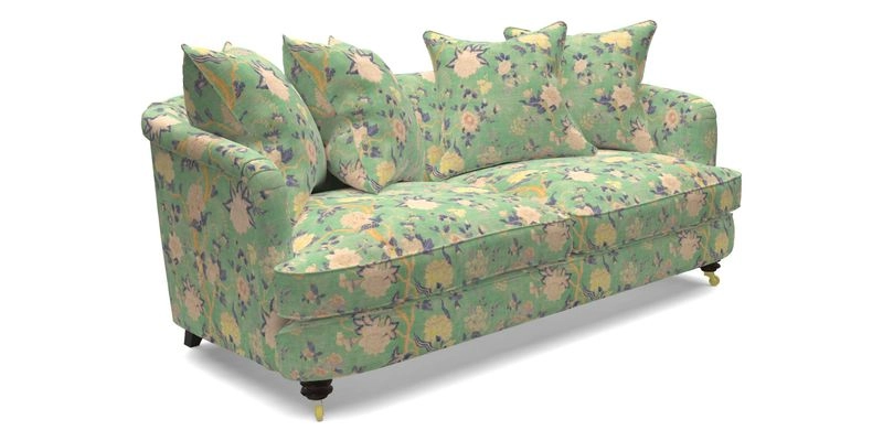 Helmsley 3 Seater Sofa in Mohair Velvet Fir Green with Seat and Back Cushions in RHS Collection Trailing Vine Olive and Small Trailing Ivy Olive
