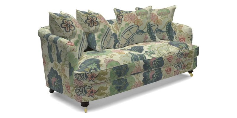 Helmsley 3 Seater Sofa in Mohair Velvet Fir Green with Seat and Back Cushions in RHS Collection Trailing Vine Olive and Small Trailing Ivy Olive