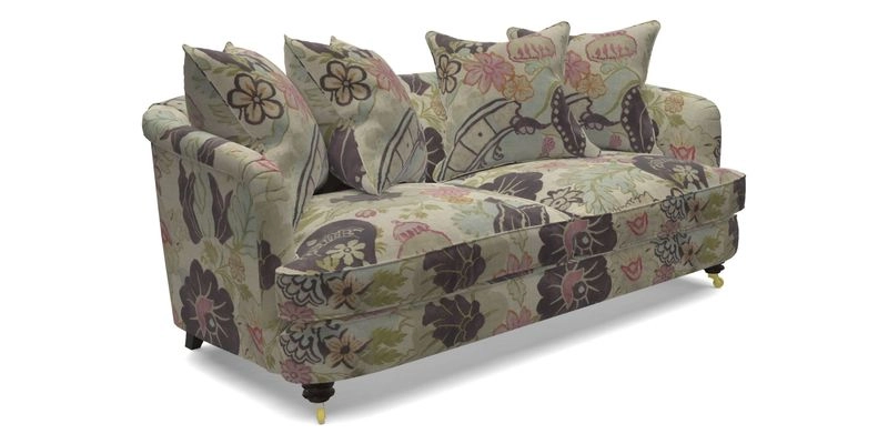 Helmsley 3 Seater Sofa in Mohair Velvet Fir Green with Seat and Back Cushions in RHS Collection Trailing Vine Olive and Small Trailing Ivy Olive