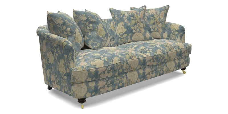 Helmsley 3 Seater Sofa in Mohair Velvet Fir Green with Seat and Back Cushions in RHS Collection Trailing Vine Olive and Small Trailing Ivy Olive