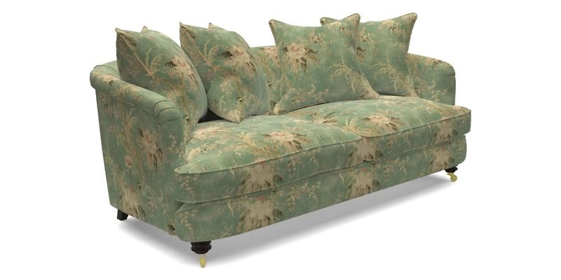 Helmsley 3 Seater Sofa in Mohair Velvet Fir Green with Seat and Back Cushions in RHS Collection Trailing Vine Olive and Small Trailing Ivy Olive
