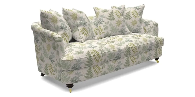 Helmsley 3 Seater Sofa in Mohair Velvet Fir Green with Seat and Back Cushions in RHS Collection Trailing Vine Olive and Small Trailing Ivy Olive