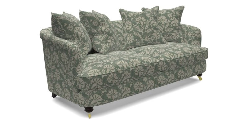 Helmsley 3 Seater Sofa in Mohair Velvet Fir Green with Seat and Back Cushions in RHS Collection Trailing Vine Olive and Small Trailing Ivy Olive