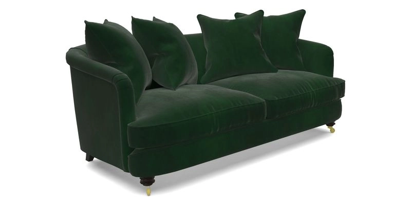 Helmsley 3 Seater Sofa in Mohair Velvet Fir Green with Seat and Back Cushions in RHS Collection Trailing Vine Olive and Small Trailing Ivy Olive