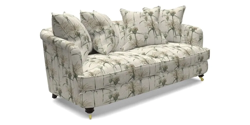 Helmsley 3 Seater Sofa in Mohair Velvet Fir Green with Seat and Back Cushions in RHS Collection Trailing Vine Olive and Small Trailing Ivy Olive