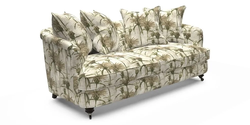 Helmsley 3 Seater Sofa in Mohair Velvet Fir Green with Seat and Back Cushions in RHS Collection Trailing Vine Olive and Small Trailing Ivy Olive