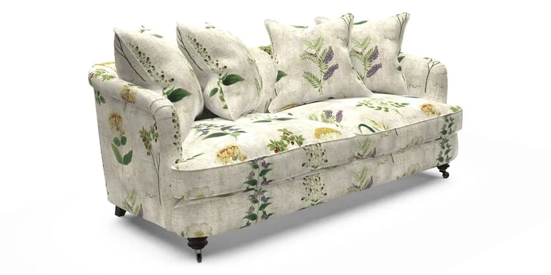 Helmsley 3 Seater Sofa in Mohair Velvet Fir Green with Seat and Back Cushions in RHS Collection Trailing Vine Olive and Small Trailing Ivy Olive