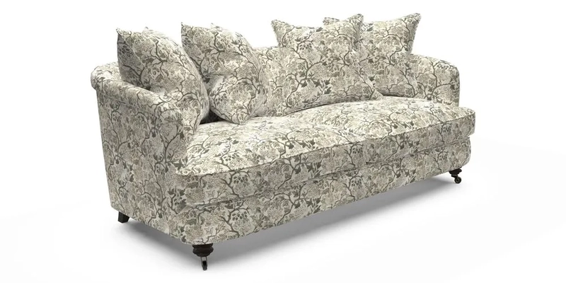 Helmsley 3 Seater Sofa in Mohair Velvet Fir Green with Seat and Back Cushions in RHS Collection Trailing Vine Olive and Small Trailing Ivy Olive