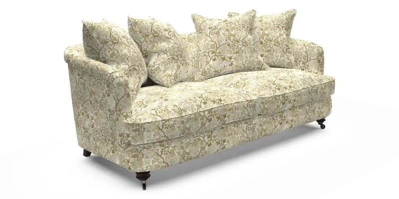 Helmsley 3 Seater Sofa in Mohair Velvet Fir Green with Seat and Back Cushions in RHS Collection Trailing Vine Olive and Small Trailing Ivy Olive