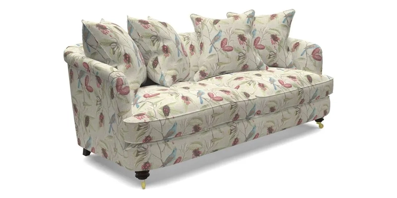 Helmsley 3 Seater Sofa in Mohair Velvet Fir Green with Seat and Back Cushions in RHS Collection Trailing Vine Olive and Small Trailing Ivy Olive