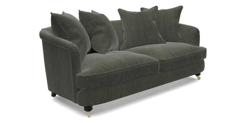 Helmsley 3 Seater Sofa in Mohair Velvet Fir Green with Seat and Back Cushions in RHS Collection Trailing Vine Olive and Small Trailing Ivy Olive