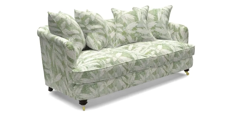 Helmsley 3 Seater Sofa in Mohair Velvet Fir Green with Seat and Back Cushions in RHS Collection Trailing Vine Olive and Small Trailing Ivy Olive