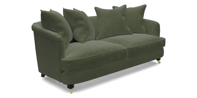 Helmsley 3 Seater Sofa in Mohair Velvet Fir Green with Seat and Back Cushions in RHS Collection Trailing Vine Olive and Small Trailing Ivy Olive
